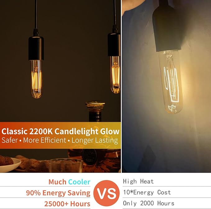 E26 T10 LED Light Bulbs, 5 Inch Vintage Tubular Thin Edison Bulbs, 2200K - Image 4
