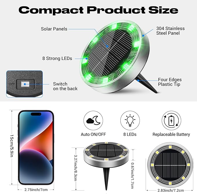 Peasur Solar Ground Lights Outdoor, 12 Pack Flat Solar Powered Disc Lights - Image 5