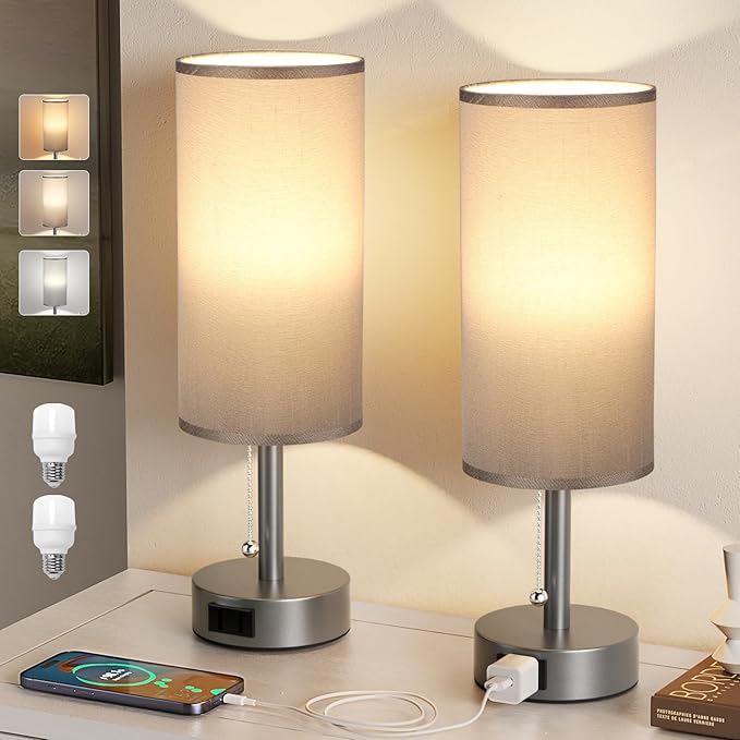 Fenmzee Dark Grey Bedside Table Lamps Set of 2-3 Color Temperatures Pull Chain - Image 7