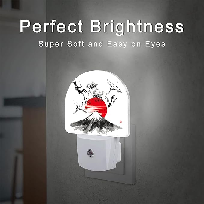 Red Sun Fuji Mountain and Storks Night Light Plug into Wall, Ink Landscape - Image 2