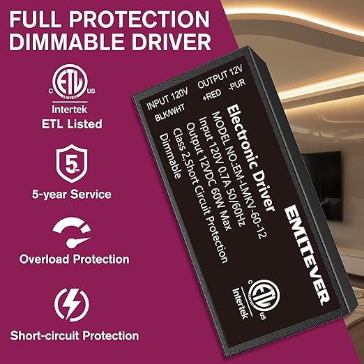EMITEVER 60W 12V Dimmable LED Driver, Electronic Transformer, 120V AC to 12V DC - Image 7
