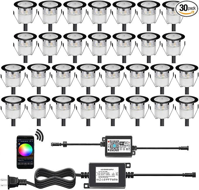 WiFi Controlled LED Deck Lights Multi Color RGB Outdoor IP67 Waterproof Φ1.18 by QACALEDOutdoorRecessedDeckLightingKits