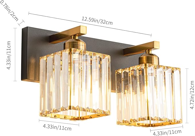 Modern Bathroom Vanity Light 2-Lights Black Gold Crystal Bathroom Wall Light - Image 6