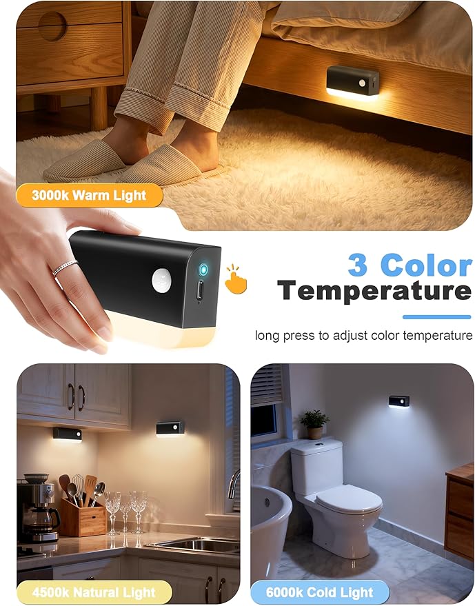 NIORSUN Motion Sensor Night Lights, 3 Pack Black Rechargeable 2-Mode Stair - Image 3