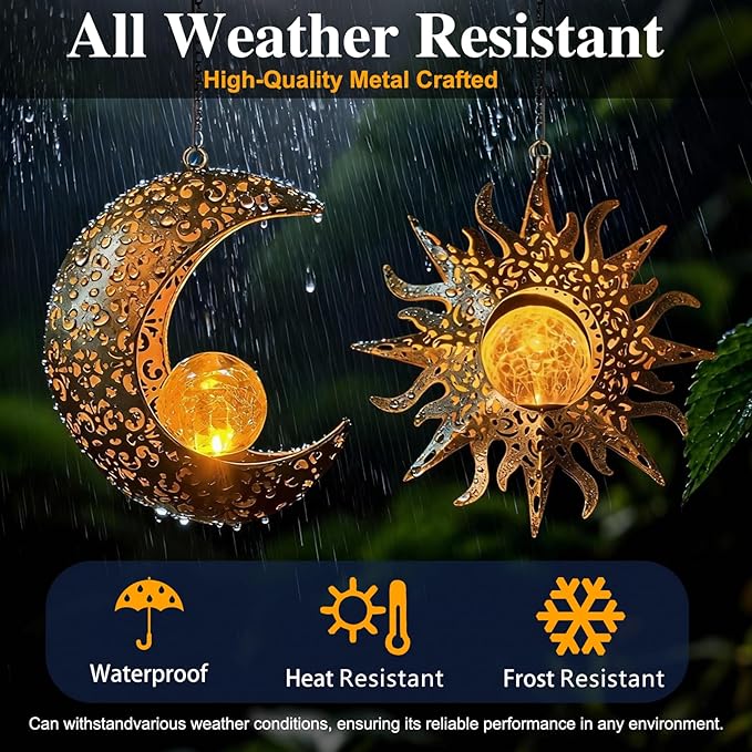 Solar Hanging Sun and Moon Lights Garden Outside Decor, 2 Pack Metal Lanterns - Image 4