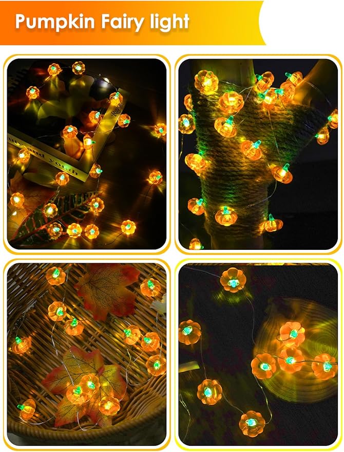 BOSSERN 2 Pack 60LED Thanksgiving Decoration 3D Pumpkin String Lights Battery - Image 6