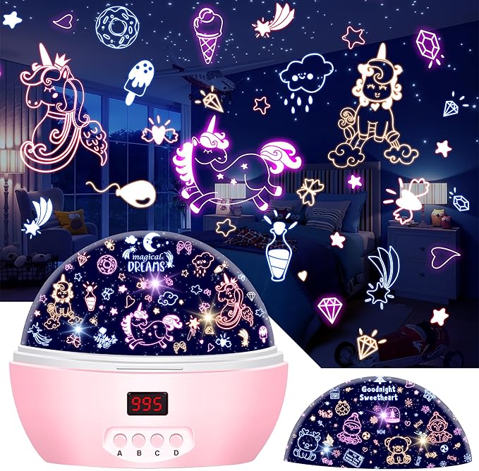 Kid Unicorn Night Light for Girls, and Baby Bear Night Lights Rotating Light by MOKOQI