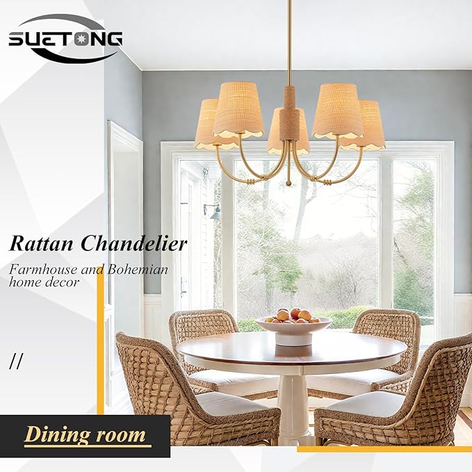 Boho Rattan Chandelier with Fabric Shade, Antique Gold Brass Farmhouse - Image 5