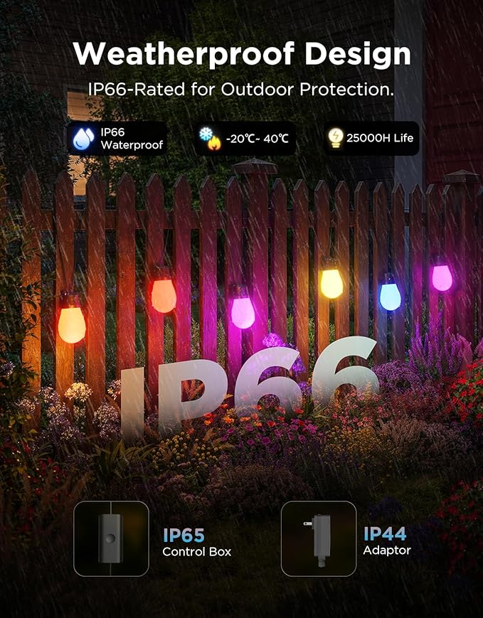 Govee S14 Bulb Outdoor String Lights 2, 48ft Smart RGBIC Warm White Patio Lights - Image 4