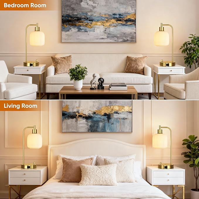 QiMH Industrial Table Lamp for Bedroom Set of 2, Cream Glass Beside Lamp - Image 7
