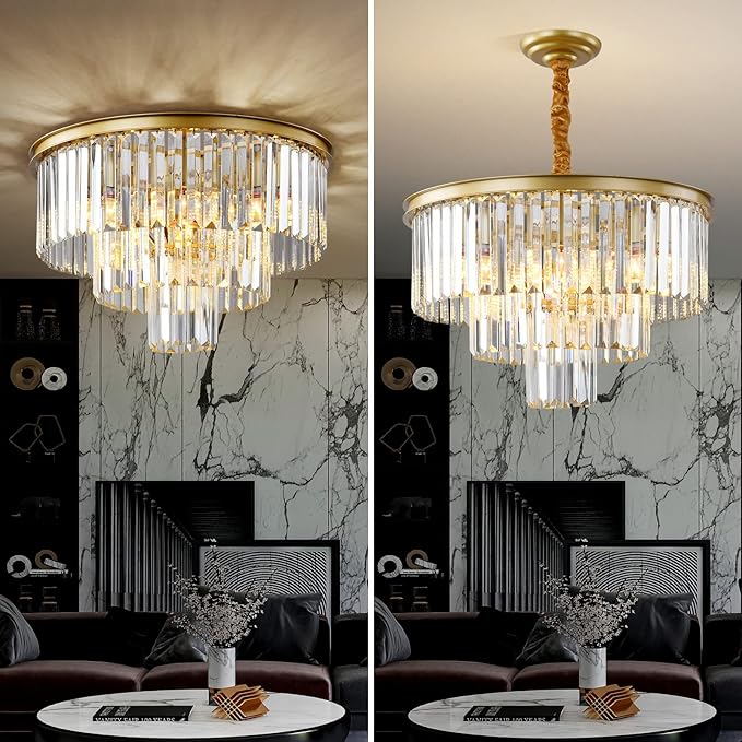 Gold Modern Crystal Chandelier, 3-Tier Round Flush Mount Ceiling Light Fixtures - Image 2