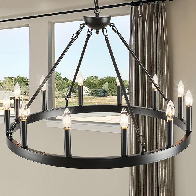 Black Wagon Wheel Chandelier 32 inch, 12-Light Farmhouse Wagon Wheel by ZBMYRBZJ