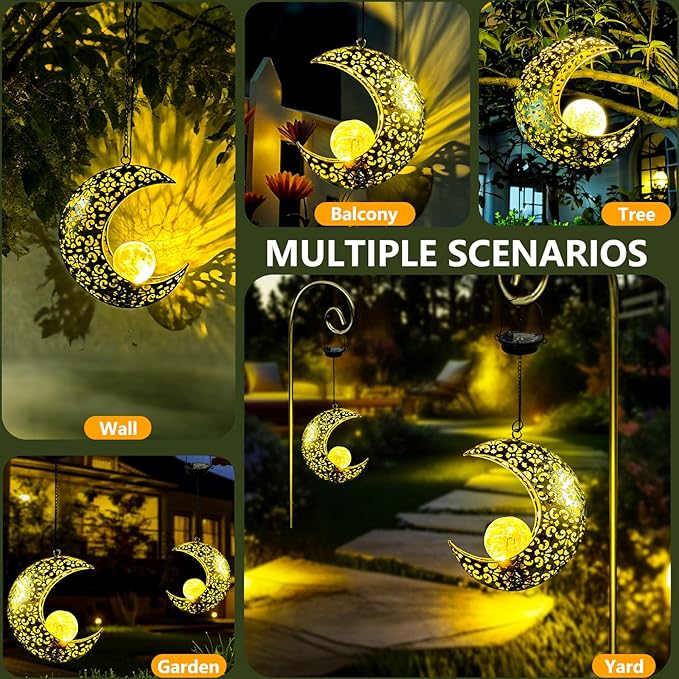 Solar Garden Hanging Moon Lights Outdoor Decor, Metal Lanterns Art Decorations - Image 6