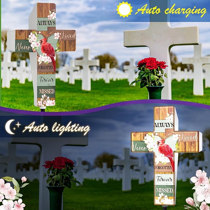 Yousoontic Cardinal Grave Solar Cross Lights Outdoor Memorial Garden Stake - Image 3