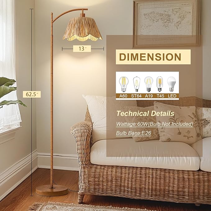 Oneach Rattan Floor Lamp for Bedroom, Boho Floor Lamp - Image 3