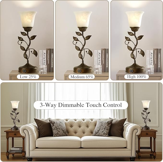 RORIANO Set of 2 Touch Farmhouse Bedroom Table Lamps, Nightstand Vintage Flower - Image 3
