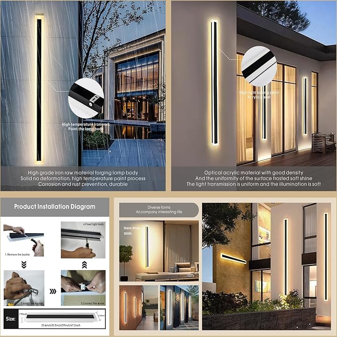 2Pack 31.5inch Long Outdoor Modern LED Wall Light, 24W Waterproof IP65 Warm - Image 6