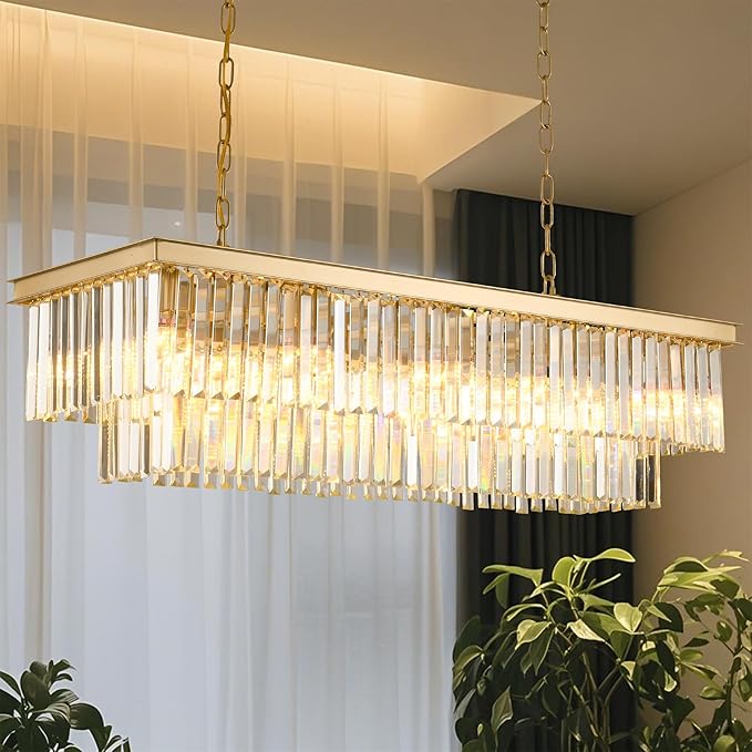Gold Rectangular Chandelier 40 Inch-10-Light Luxury Crystal Pendant Lighting by Laiuetai