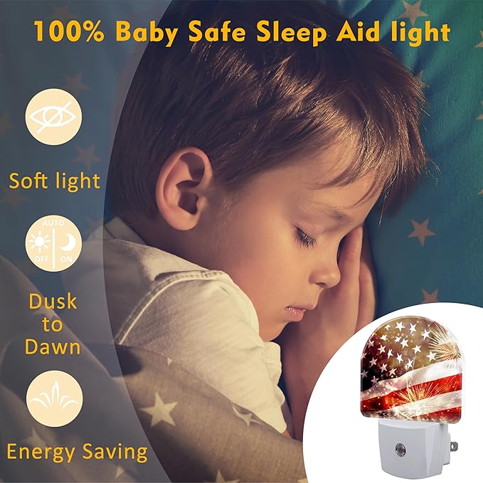 America Flag with Fireworks Night Light Plug into Wall, Vintage The USA Flag - Image 5