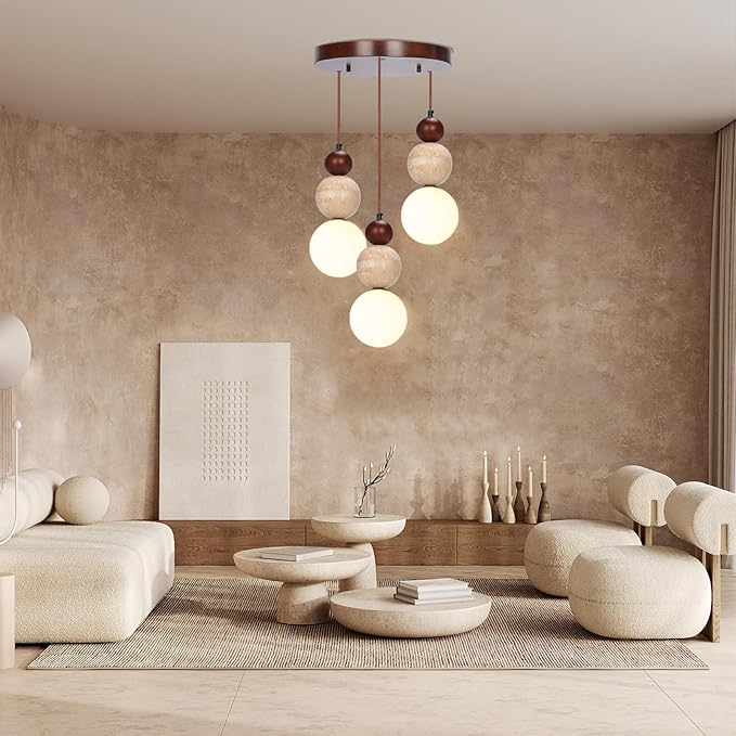 Wabi Sabi Pendant Light, 3-Light Travertine Stone Fixture-Japandi Japanese - Image 7
