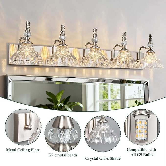 Vintage Bathroom Vanity Light, 5-Light Brushed Nickel Vanity Lighting Fixture - Image 3