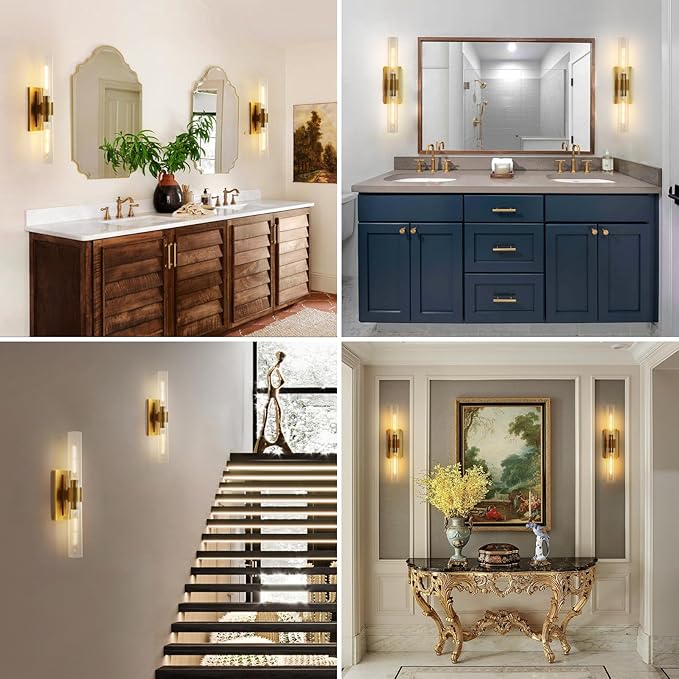 Brass Bathroom Vanity Wall Sconces, 2-Light Glass Tube Wall Sconces, 24 Inch - Image 10
