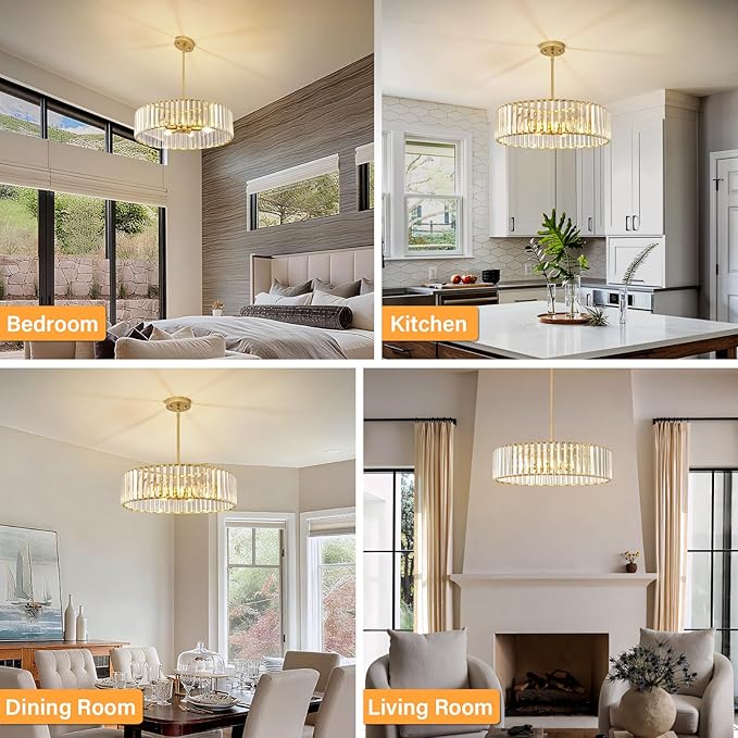 Glod Crystal Ceiling Light Fixture, Modern Semi Flush Chandelier, Round Hanging - Image 5