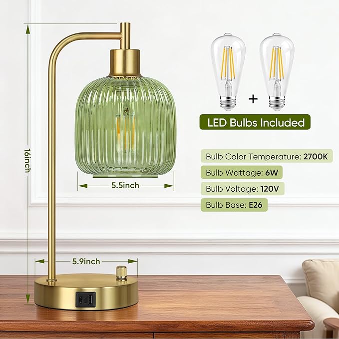 QiMH Industrial Table Lamp for Bedroom Set of 2, Stepless Dimmable Gold Lamps - Image 2