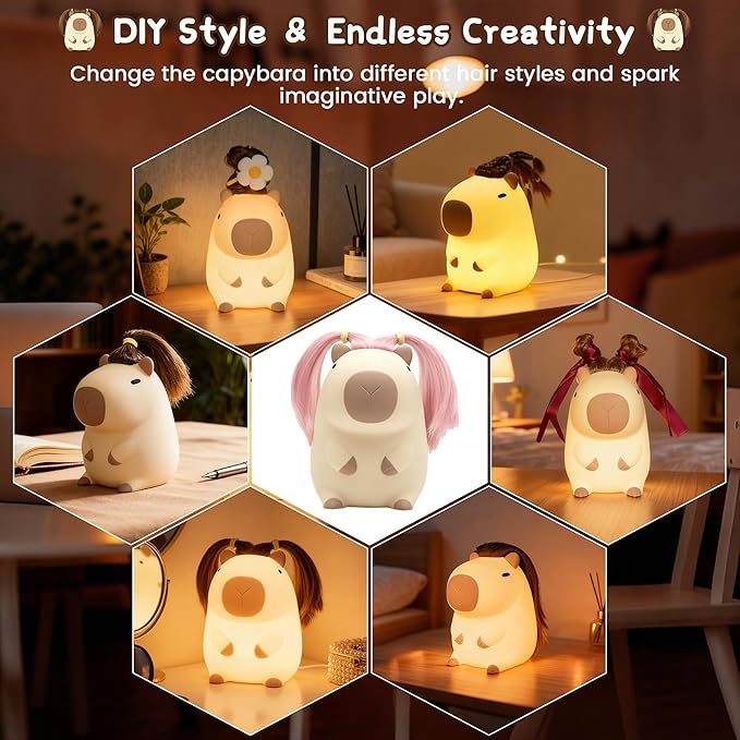 Cute Capybara Night Light with DIY Hairstyle, Squishy Silicone Lamp, Nursery - Image 2
