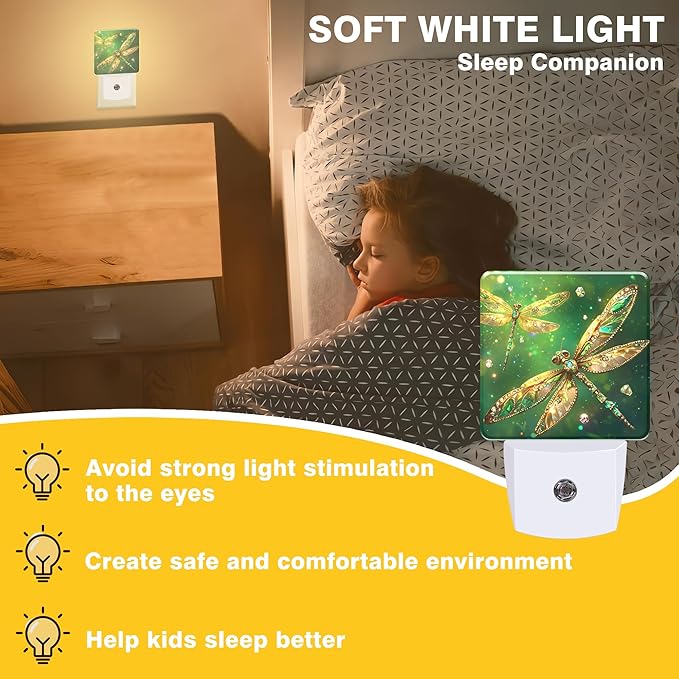 Night Light Fantasy Green Dragonfly Night Lights Plug into Wall Smart Dusk to - Image 3