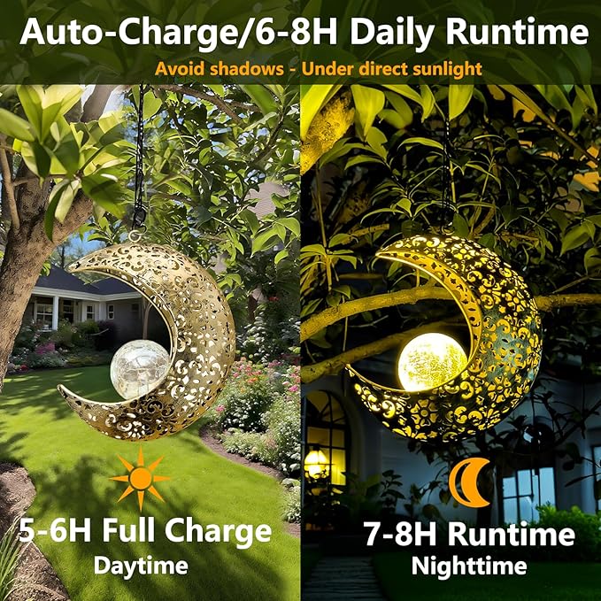 Solar Garden Hanging Moon Lights Outdoor Decor, Metal Lanterns Art Decorations - Image 3