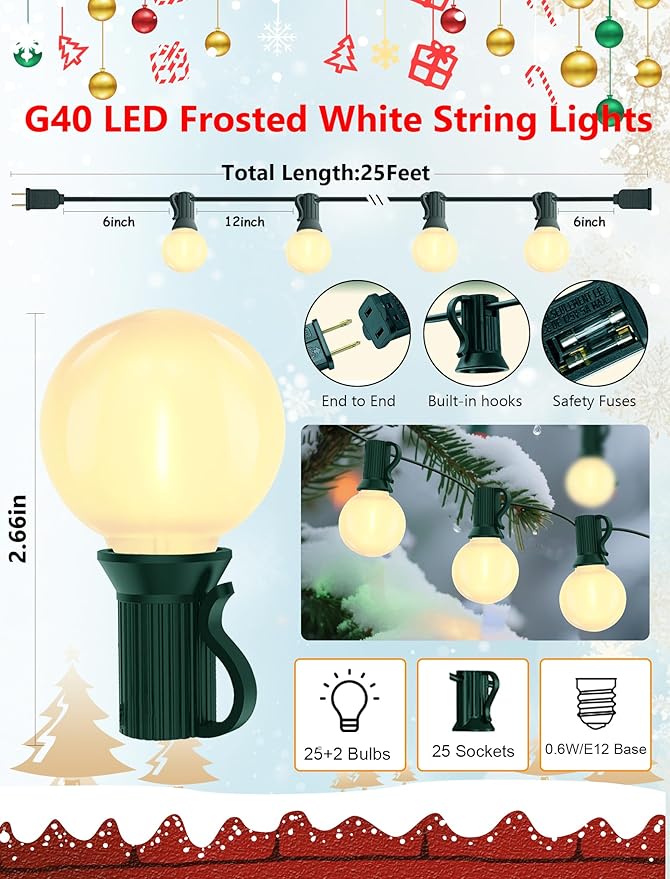 25Ft Outdoor Christmas Lights, Dimmable G40 LED Patio String Lights - Image 2