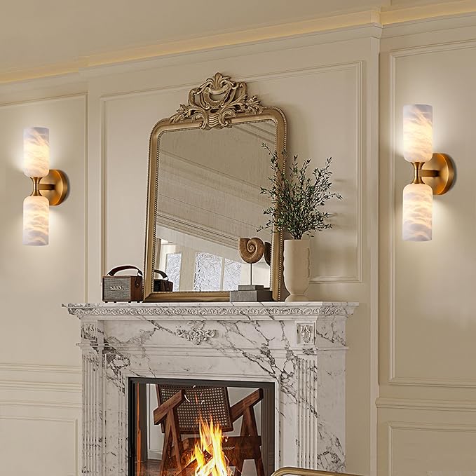 Alabaster Wall Sconce Set of 2, 14in Modern Brass Spanish Natural Marble - Image 8