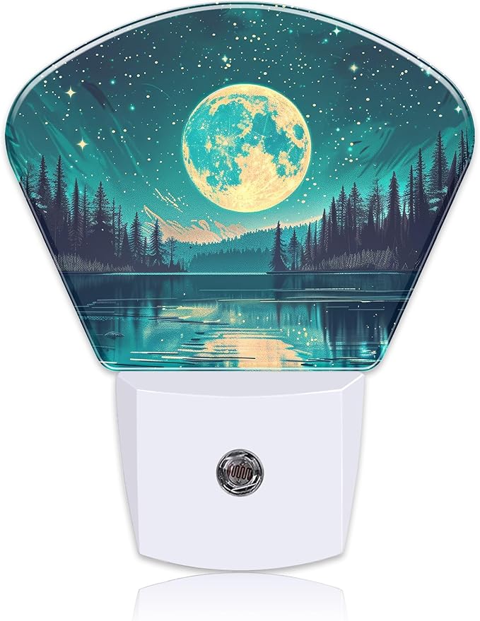 Fantasy Lake Forest Plug in Night Lights, Full Moon in Starry Sky Nightlight by Uiaoiais