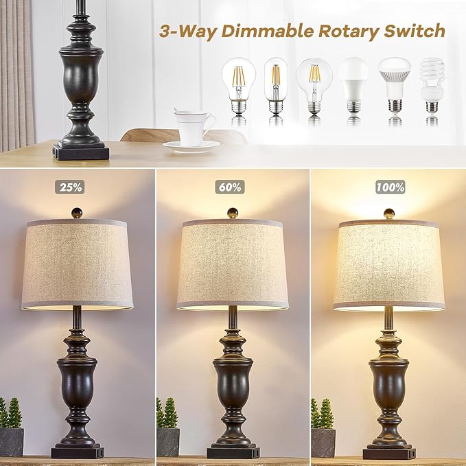 27.5" Vintage Farmhouse Table Lamps Set of 2 Bedside Lamp, 3 Way Dimmable - Image 2