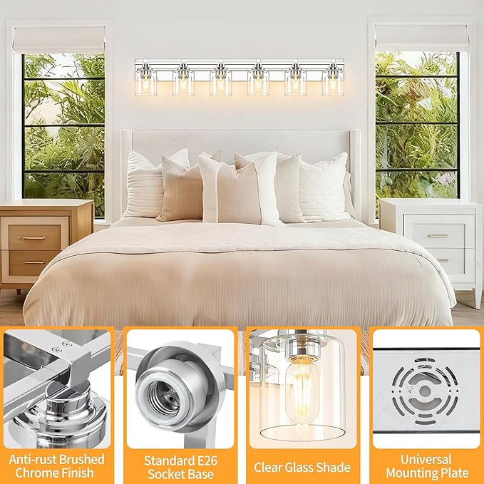 6 Light Modern Bathroom Light Fixtures Over Mirror, Chrome Vanity Lights - Image 3