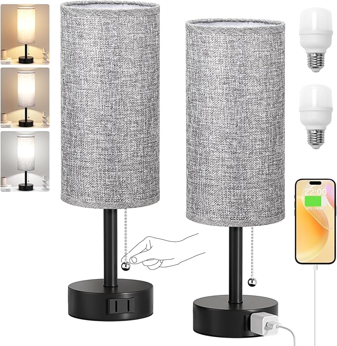 Fenmzee Grey Bedside Table Lamps Set of 2-3 Color Temperatures Pull Chain Lamp - Image 7
