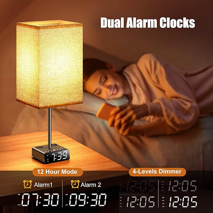 Yostyle Table Lamp with Alarm Clock Base, Bedside Lamp, 2 USB & 1 AC Power - Image 5