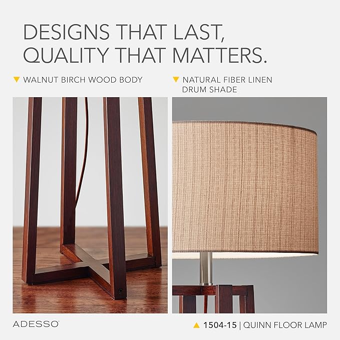 Adesso Floor Lamp with Walnut Birch Wood & Natural Linen Lampshade - Image 4
