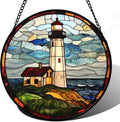Stained Glass Window Hanging, Ocean Lighthouse Sun Catchers Glass Panel Blue by DASTOLL
