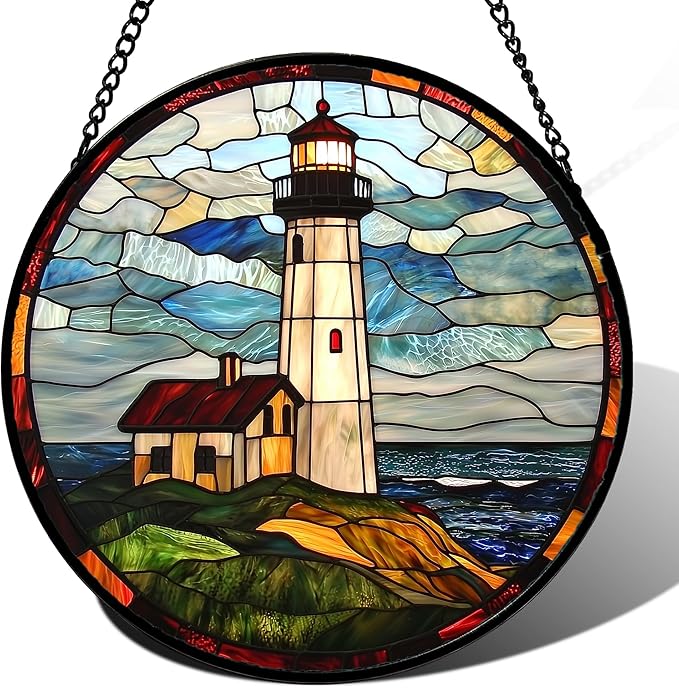 Stained Glass Window Hanging, Ocean Lighthouse Sun Catchers Glass Panel Blue by DASTOLL