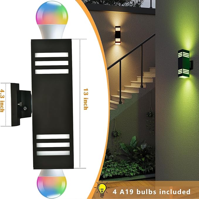 Smart Outdoor Sconce Lights 2 Pack, Up Down Wall Porch Lights RGB Color - Image 2