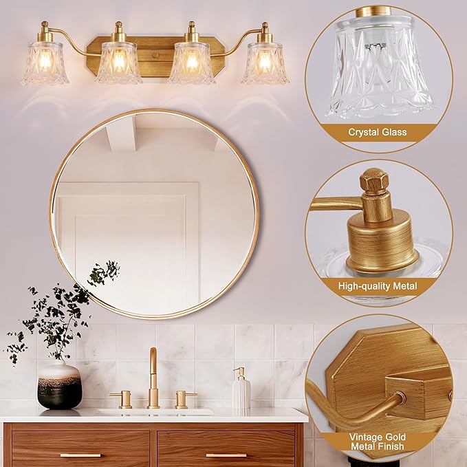 Vintage Bathroom Light Fixtures, 4-Light Gold Vanity Light, Matte Brass Finish - Image 3