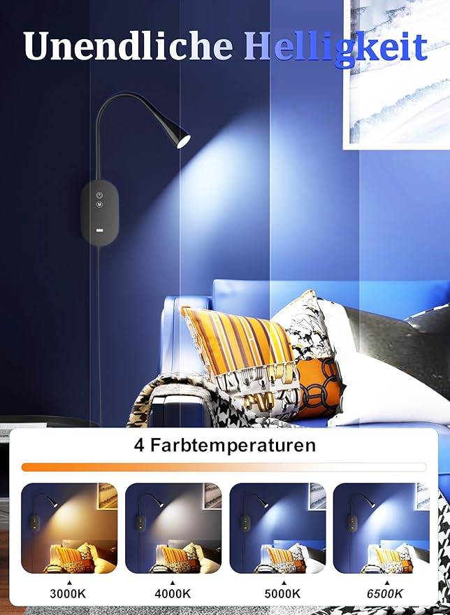 Wall Reading Light for Bed – 4 Color Modes, 5‑Level Dimmable Reading Lamp - Image 6