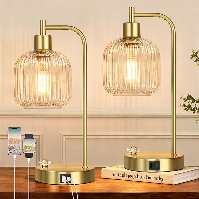 QiMH Industrial Table Lamp for Bedroom Set of 2, Stepless Dimmable Gold Lamps by Qimh