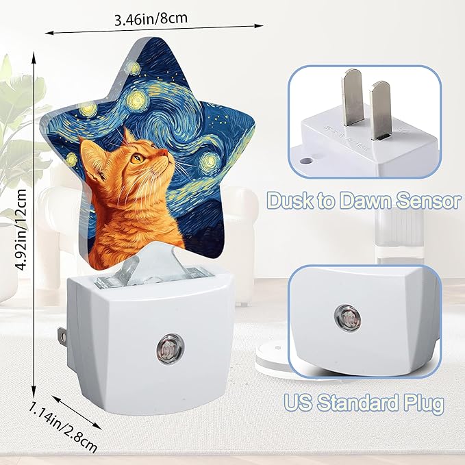 Starry Night Cat Night Lights Plug Into Wall, Abstract Oil Painting Star Night - Image 2