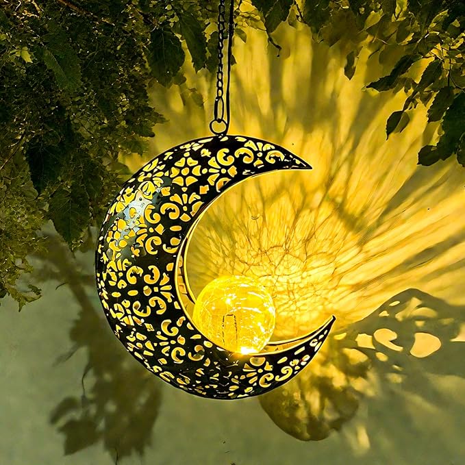 Solar Garden Hanging Moon Lights Outdoor Decor, Metal Lanterns Art Decorations - Image 2