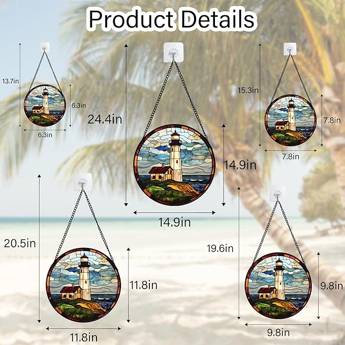 Stained Glass Window Hanging, Ocean Lighthouse Sun Catchers Glass Panel Blue - Image 5
