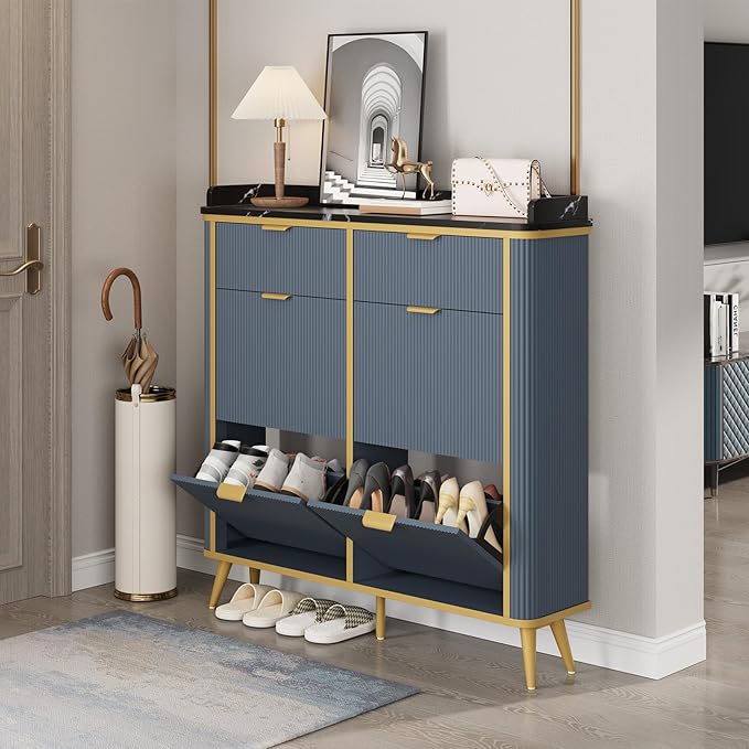 Fluted Shoe Cabinet Storage, Modern Slim Shoe Organizer Cabinet - Image 4