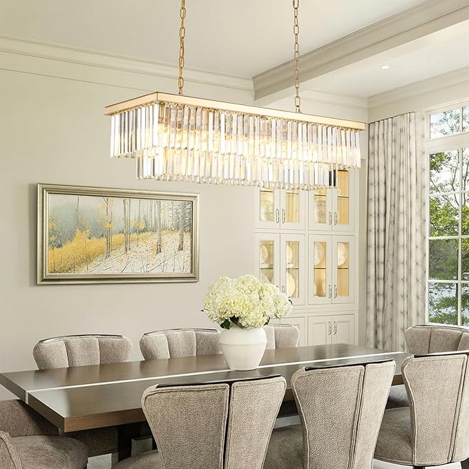 Gold Rectangular Chandelier 40 Inch-10-Light Luxury Crystal Pendant Lighting - Image 5